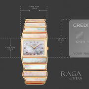 Titan 2808WM01F Raga Power Pearls 2.0 women's watch with mother of pearl dial and rose gold metal strap, case size and dimensions view