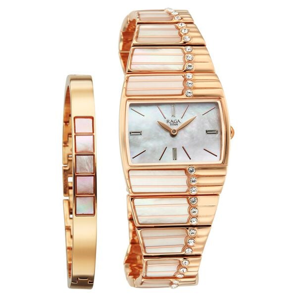Titan 2809WM01F Raga Power Pearls 2.0 Quartz Analog Watch with Mother Of Pearl Dial and Rose Gold Metal Strap for Women 28mm
