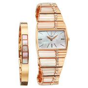 Titan 2809WM01F Raga Power Pearls 2.0 women's watch with mother of pearl dial and rose gold metal strap, product view with matching bracelet