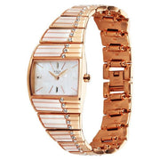 Titan 2809WM01F Raga Power Pearls 2.0 women's watch with mother of pearl dial and rose gold metal strap, angled view of the watch and bracelet