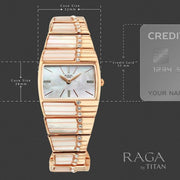 Titan 2809WM01F Raga Power Pearls 2.0 women's watch with mother of pearl dial and rose gold metal strap, case size and dimensions view