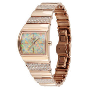 Titan 2813WM02 Raga Opalesque women's watch with multicoloured dial and rose gold metal strap, angled view showing the bracelet and case