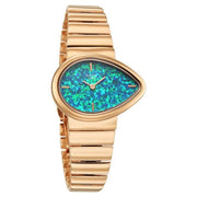 Titan 2814WM01 Raga Opalesque watch angled view showing the multicoloured dial and rose gold case