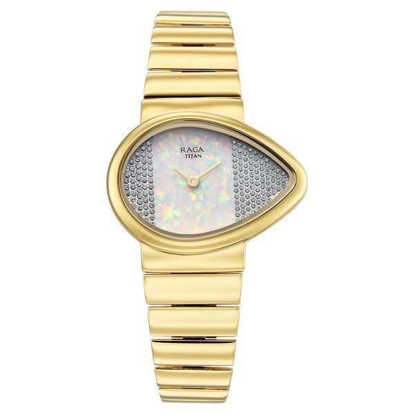 Titan 2814YM01 Raga Opalesque Quartz Analog Watch with White Dial and Golden Metal Strap for Women 35mm