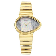 Titan 2814YM01 Raga Opalesque women's watch with white dial and golden metal strap, front view