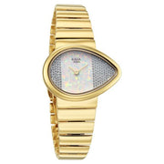 Titan 2814YM01 Raga Opalesque women's watch with white dial and golden metal strap, front view at an alternate angle