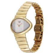 Titan 2814YM01 Raga Opalesque women's watch with white dial and golden metal strap, angled view showing the bracelet and case