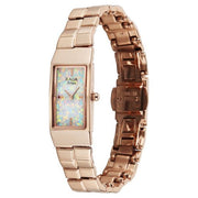 Titan 2815WM02 Raga Opalesque watch angled side view with rose gold bracelet