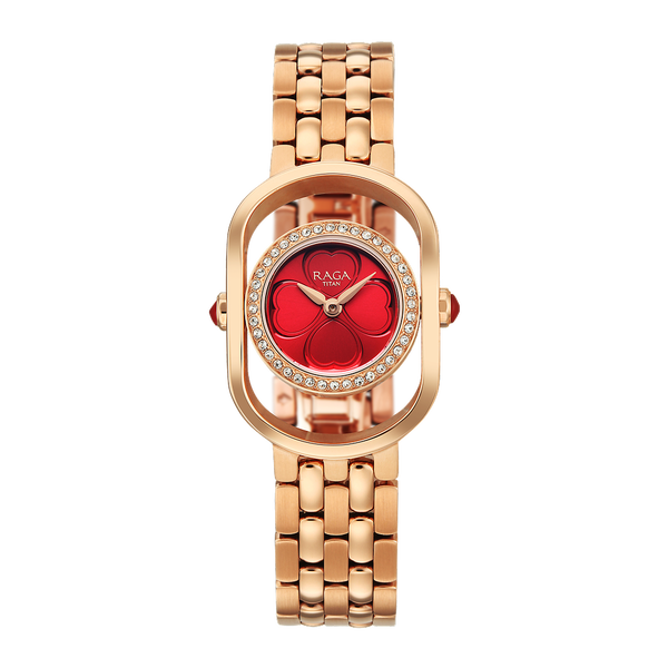 Titan 2839WM01 Paris, With Love Quartz Analog Watch with Red Mirror Polished Dial and Rose Gold Stainless Steel Strap for Women 25.5mm