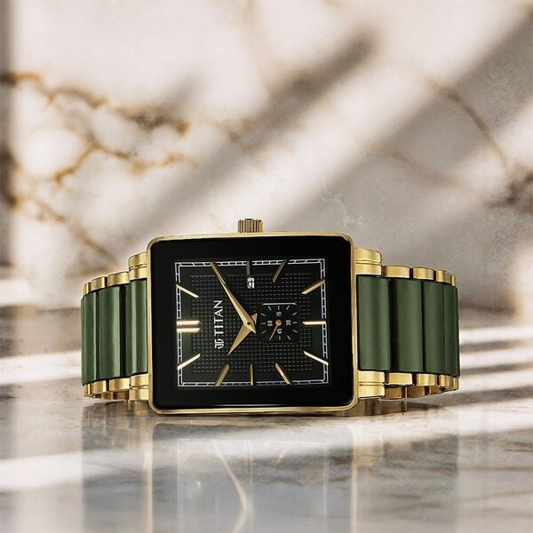 Titan 90013KD05 Regalia Shaped Ceramic Quartz Analog Watch with Date and Green Dial and Green Ceramic & Stainless Steel Strap for Men 33.8mm