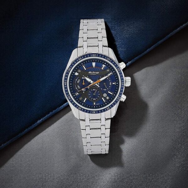 Titan 90077KM02 Octane Quartz Chronograph Watch with Blue Dial and Silver Stainless Steel Strap for Men 46mm