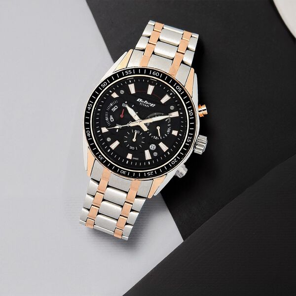 Titan 90077KM03 Octane Quartz Chronograph Watch with Black Dial and Two Toned Stainless Steel Strap for Men 46mm