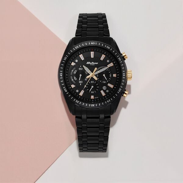 Titan 90077KM04 Octane Quartz Chronograph Watch with Black Dial and Black Stainless Steel Strap for Men 46mm