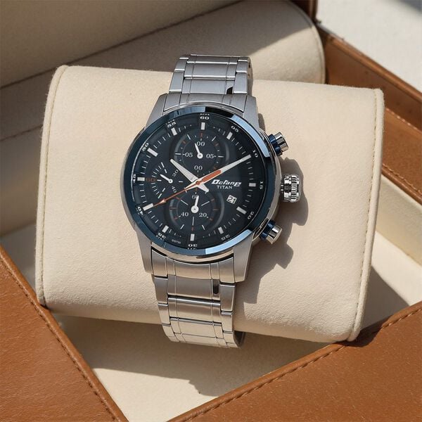 Titan 90086KM01 Octane Quartz Chronograph Watch with Blue Dial and Silver Stainless Steel Strap for Men 46mm
