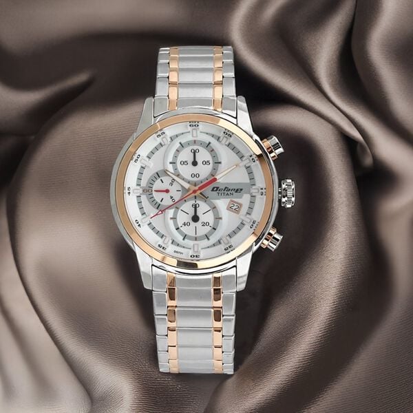 Titan 90086KM02 Octane Quartz Chronograph Watch with White Dial and Silver Stainless Steel Strap for Men 46mm