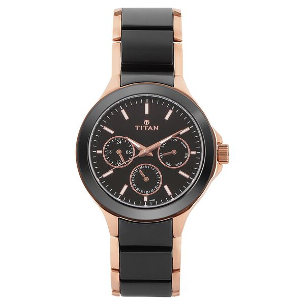 Titan 90089KD02 Ceramics Quartz Multifunction Watch with Black Dial and Two Toned Ceramic & Stainless Steel Strap for Men 42.6mm