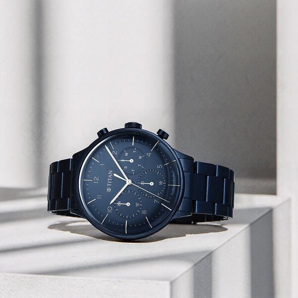 Titan 90102QM01 Urban Magic Quartz Multifunction Watch with Blue Dial and Blue Stainless Steel Strap for Men 42mm
