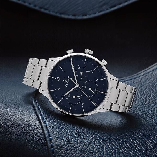 Titan 90102SM01 On Trend Quartz Multifunction Watch with Blue Dial and Silver Stainless Steel Strap for Men 42mm