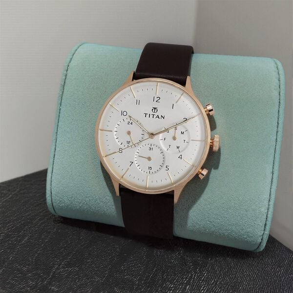 Titan 90102WL01 On Trend Quartz Multifunction Watch with White Dial and Leather Strap for Men 42mm