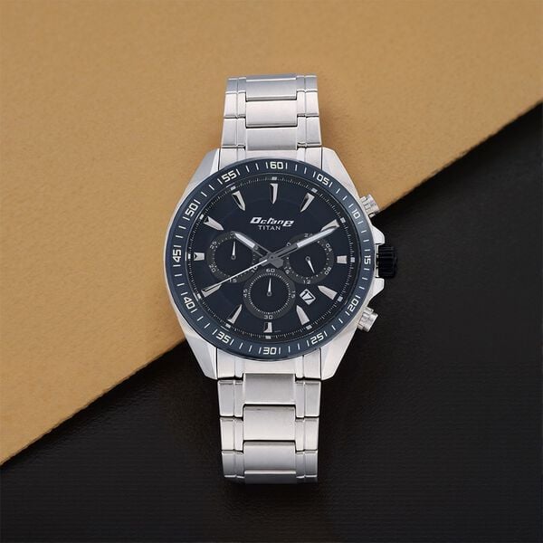 Titan 90103KM02 Octane Quartz Chronograph Watch with Blue Dial and Silver Stainless Steel Strap for Men 46mm