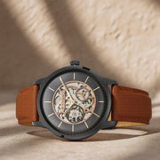 Titan 90110NL02 Automatics watch with black dial and tan leather strap, main product image