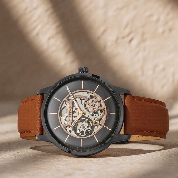 Titan 90110NL02 Automatics Analog Watch with Black Dial and Tan Leather Strap for Men 44mm
