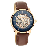 Titan 90110WL06 skeletal automatic watch with blue dial and brown leather strap, front view