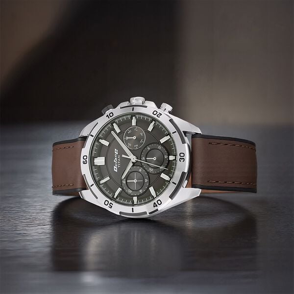 Titan 90114KP01 Octane Hyper Lume Quartz Multifunction Watch with Black Dial and Brown Leather Strap for Men 44mm