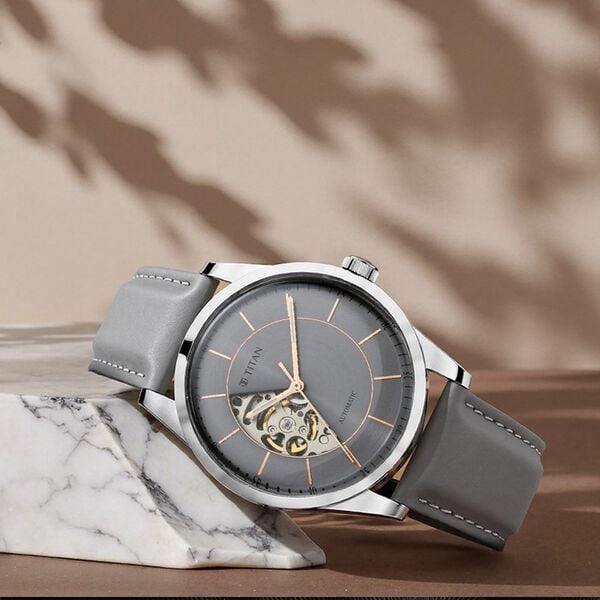 Titan 90126SL01 Automatics Analog Watch with Grey Dial and Grey Leather Strap for Men