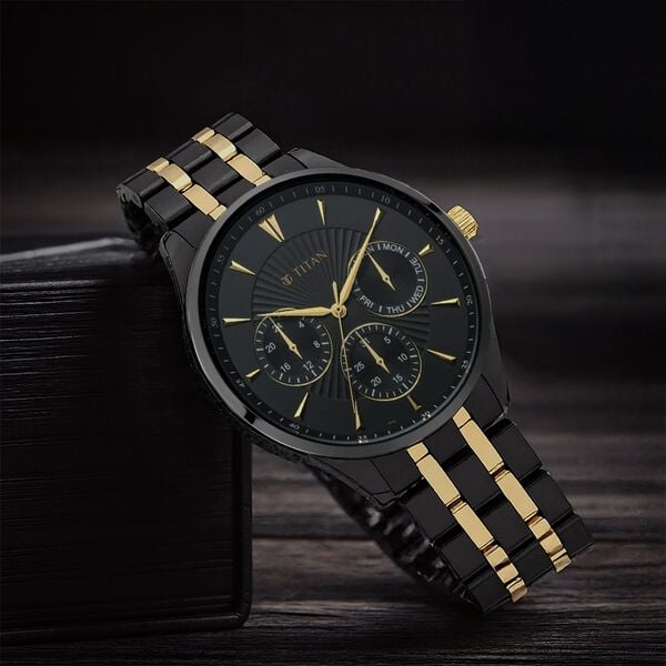 Titan 90127KM01 Regalia Opulent Quartz Multifunction Watch with Black Dial and Stainless Steel Strap for Men