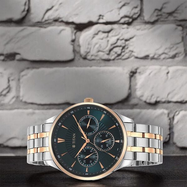 Titan 90127KM02 Opulent Quartz Multifunction Watch with Blue Dial and Stainless Steel Strap for Men