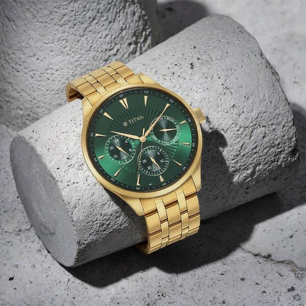 Titan 90127YM05 Opulent Quartz Multifunction Watch with Green Dial and Gold Stainless Steel Strap for Men