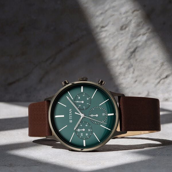 Titan 90134QL01 Light Leathers Quartz Multifunction Watch with Green Dial and Brown Leather Strap for Men