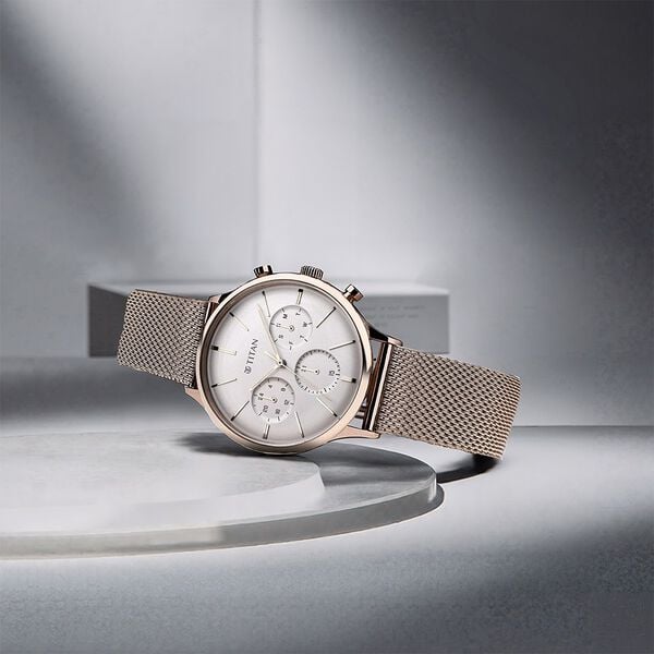 Titan 90134WM01 Light Leathers Quartz Multifunction Watch with Silver Dial and Silver Stainless Steel Mesh Strap for Men