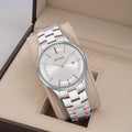 Titan 90142KM01 Classique Slimline Quartz Analog Watch with Date, Silver Dial and Two-Tone Stainless Steel Strap for Men 40mm