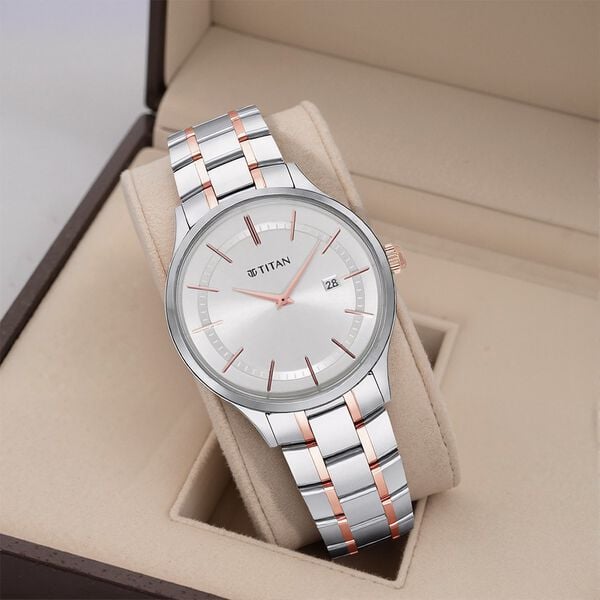 Titan 90142KM01 Classique Slimline Quartz Analog Watch with Date, Silver Dial and Two-Tone Stainless Steel Strap for Men 40mm