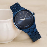 Titan 90142QM01 Classique Slimline watch with blue dial and blue stainless steel strap, main product image