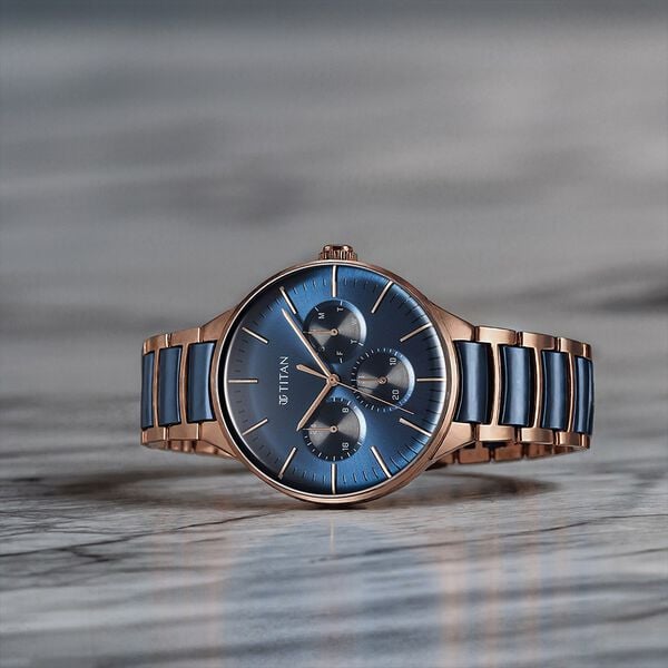 Titan 90148KD04 Ceramic Fusion Quartz Multifunction Watch with Blue Dial and Two-Tone Stainless Steel Strap with Ceramic Links for Men 42mm