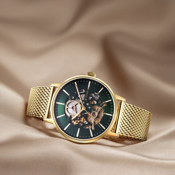 Titan 90159YM01 Mechanical Slimline Analog Watch with Green Skeleton Dial and Golden Stainless Steel Mesh Strap for Men 42mm