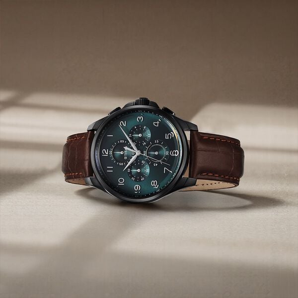 Titan 90169NL01 Classic Chrono Quartz Multifunction Watch with Blue Dial and Brown Leather Strap for Men 42mm