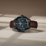 Titan 90169NL01 Classic Chrono watch with blue dial and brown leather strap, main product image