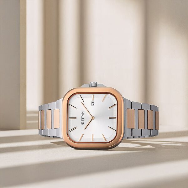 Titan 90176KM01 Classique Slim Square Quartz Analog Watch with Date, Silver Dial and Two-Tone Stainless Steel Strap for Men 41mm