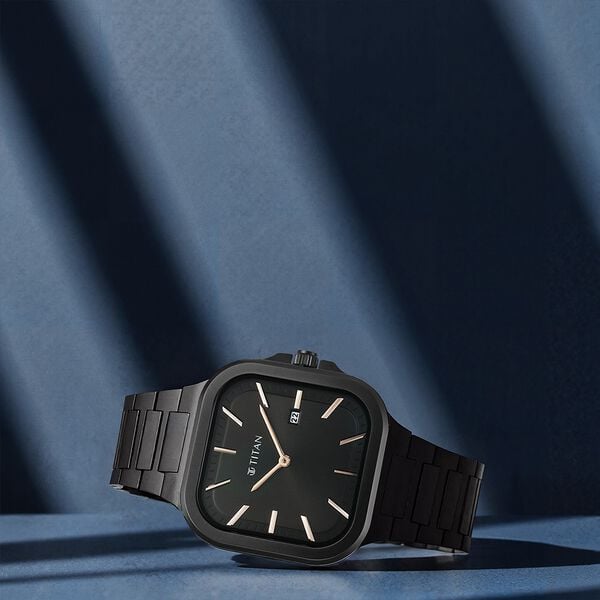 Titan 90176NM01 Classique Slim Square Quartz Analog Watch with Date, Black Dial and Black Stainless Steel Strap for Men 41mm