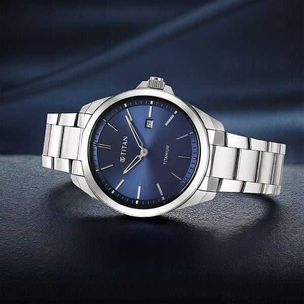 Titan 90177TM01 Titanium Quartz Analog Watch with Blue Dial and Silver Titanium Strap for Men 32mm