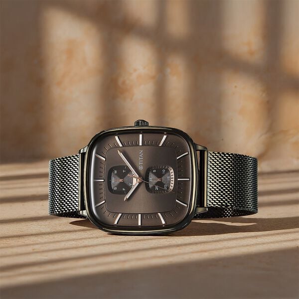 Titan 90178QM02 Avant Garde Quartz Multifunction Watch with Brown Dial and Green Stainless Steel Strap for Men 42mm