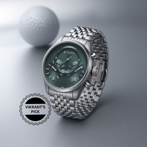 Titan 90179SM01 Classique Micromotors Quartz Analog Watch with Green Dial and Silver Stainless Steel Strap for Men 43mm