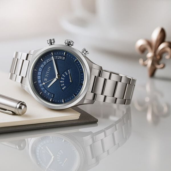 Titan 90180SM01 Classique Micromotors Quartz Analog Watch with Retrograde Day and Date, Blue Dial and Silver Stainless Steel Strap for Men 43mm