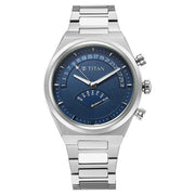 Titan 90180SM01 Classique Micromotors watch with blue dial and silver stainless steel strap, alternate product view showing the case and strap