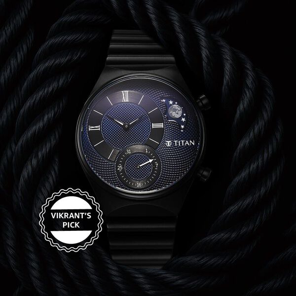 Titan 90181NM01 Classique Micromotors Quartz Analog Watch with Date and Sun-Moon Sub-Dial, Blue Dial and Black Stainless Steel Strap for Men 43mm