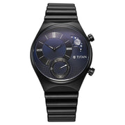 Titan 90181NM01 Classique Micromotors watch with blue dial and black stainless steel strap, alternate product view showing the case and strap